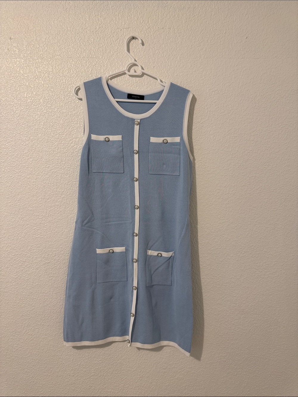 Sleeveless Light Blue Knit Mini Dress with White Trim